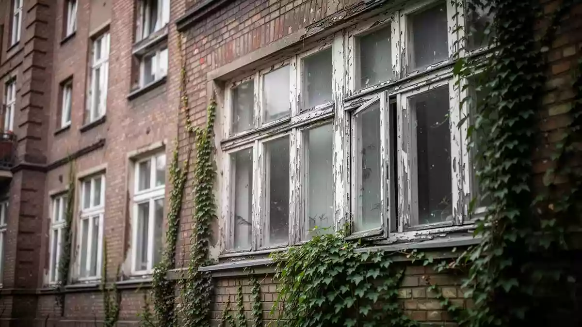 Fassade eines sanierungsbedürftigen Wohnhauses mit abblätternder Farbe und bewachsenen Fenstern in einer deutschen Stadt. Illustration mit AI erstellt.