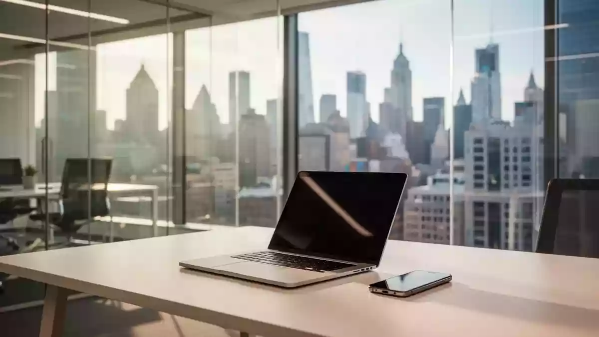 Moderner, heller Büroarbeitsplatz vor einer verschwommenen Skyline, symbolisch für Finanznachrichten. Illustration mit AI erstellt.