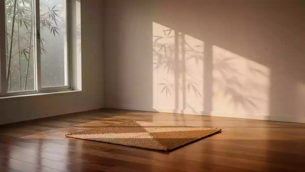 Ein sonnendurchfluteter, minimalistischer Raum mit einer einzelnen Yogamatte auf einem Holzboden. Illustration mit AI erstellt.