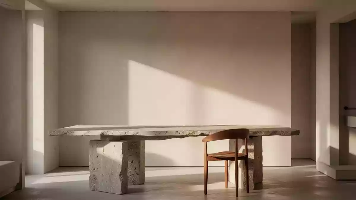 Ein minimalistisch eingerichteter, sonnendurchfluteter Wohnraum in Italien mit klaren architektonischen Linien. Illustration mit AI erstellt.