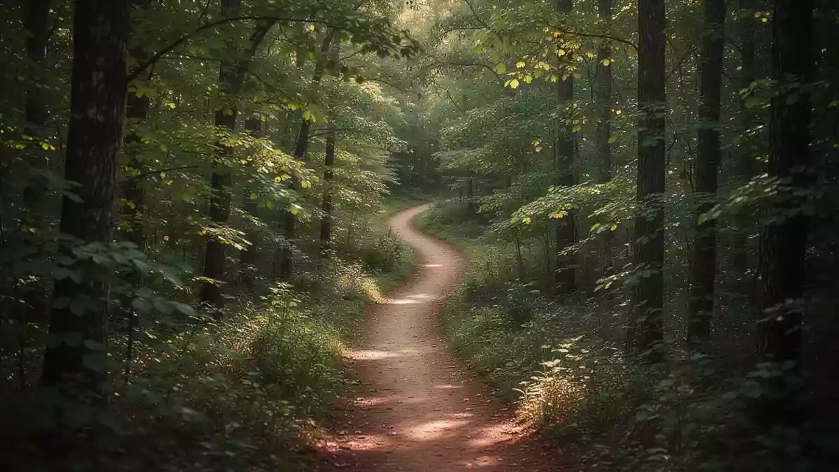 Ein gewundener Pfad in einem sonnendurchfluteten Wald, der neue Wege und kognitive Offenheit symbolisiert. Illustration mit AI erstellt.