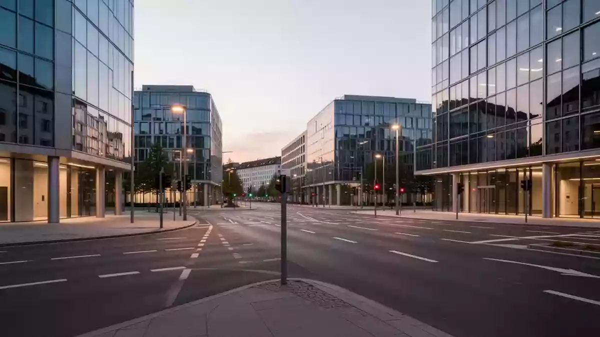 Eine moderne, menschenleere Straßenkreuzung in einer deutschen Stadt bei Dämmerung, die auf autonome Mobilität vorbereitet ist. Illustration mit AI erstellt.