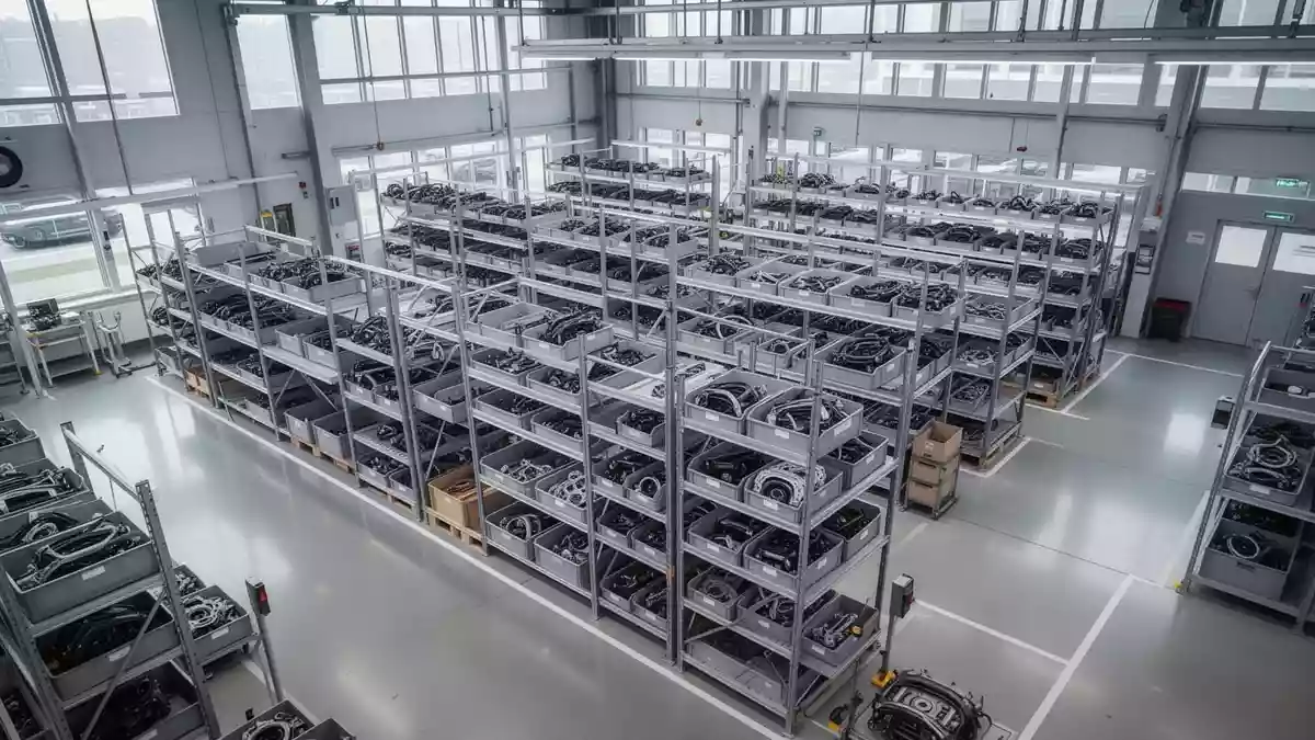 Eine moderne, aufgeräumte Produktionshalle in einem Automobilwerk mit Regalsystemen für Bauteile und natürlichem Lichteinfall. Illustration mit AI erstellt.