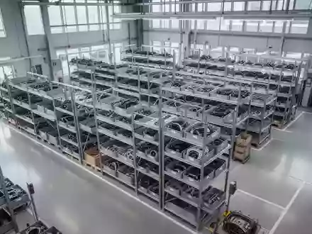 Eine moderne, aufgeräumte Produktionshalle in einem Automobilwerk mit Regalsystemen für Bauteile und natürlichem Lichteinfall. - Foto: über boerse-global.de