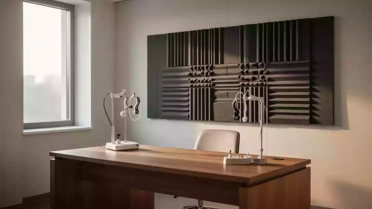 Ein minimalistischer Behandlungsraum eines Hörakustikers mit schallabsorbierenden Wandpaneelen und Tageslicht. Illustration mit AI erstellt.