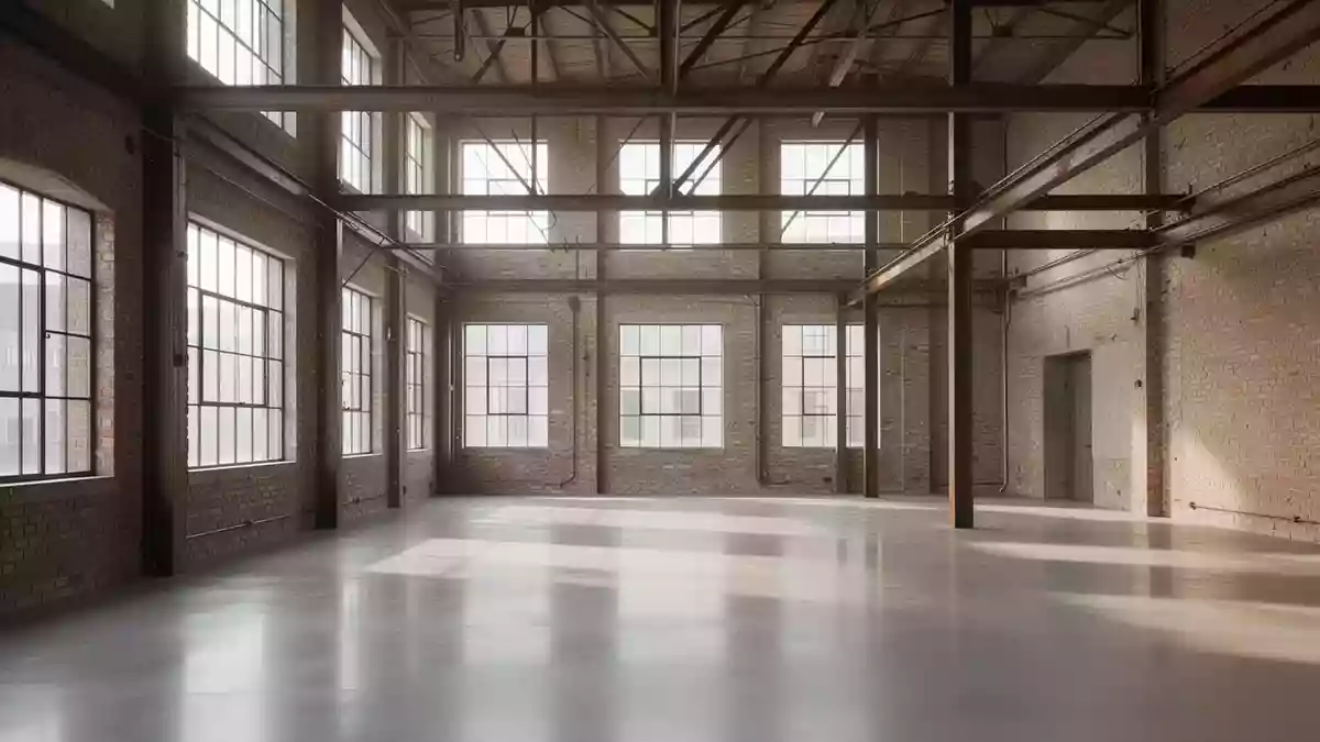 Leerer, lichtdurchfluteter Loft-Raum in einem ehemaligen Industriegebäude mit unverputzten Ziegelwänden und Betonboden. Illustration mit AI erstellt.