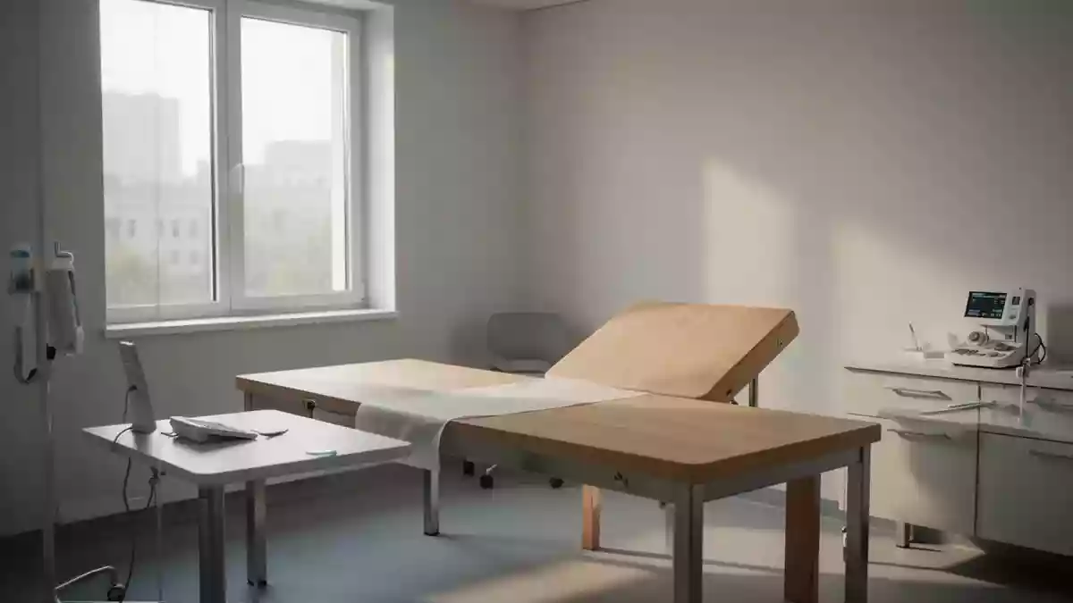 Ein minimalistischer, heller Behandlungsraum in einer medizinischen Einrichtung mit einer leeren Untersuchungsliege. Illustration mit AI erstellt.
