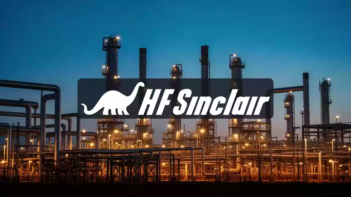 Abstrakte Darstellung einer modernen Ölraffinerie in der Abenddämmerung als Symbol für den Energiesektor. Illustration mit AI erstellt.