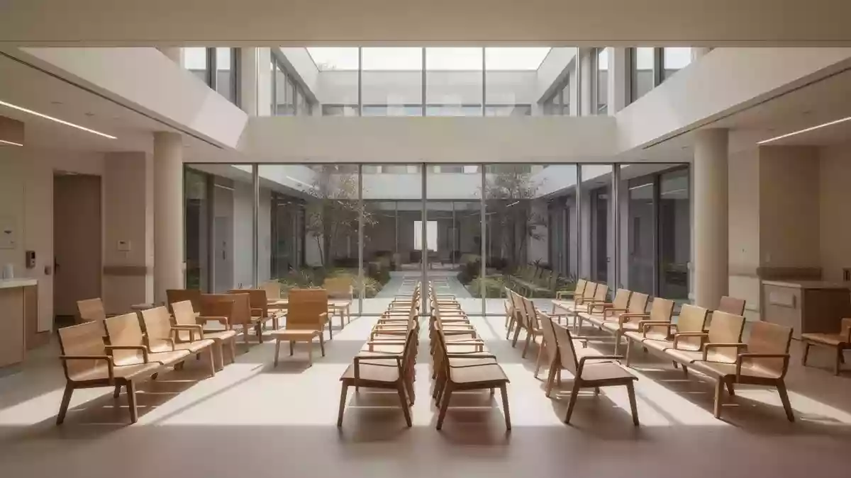 Ein heller, moderner Wartebereich in einer Klinik mit leeren Stühlen und architektonischem Fokus auf klare Linien. Illustration mit AI erstellt.