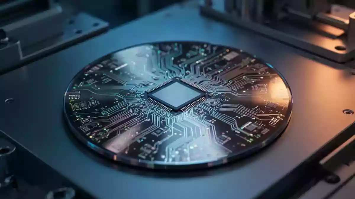 Nahaufnahme eines Silizium-Wafers mit komplexen Mikrochip-Schaltkreisen in einer modernen Halbleiter-Fertigungsanlage. Illustration mit AI erstellt.