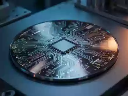 Nahaufnahme eines Silizium-Wafers mit komplexen Mikrochip-Schaltkreisen in einer modernen Halbleiter-Fertigungsanlage. - Foto: über boerse-global.de
