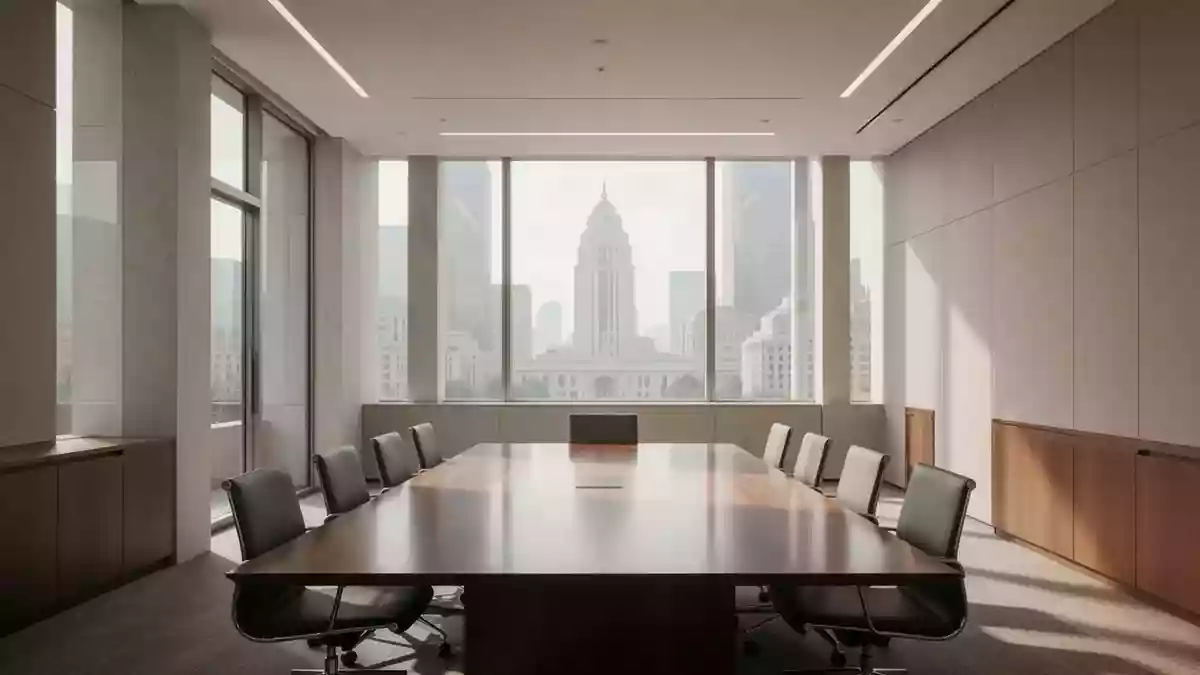 Modernes, leeres Bürogebäude mit minimalistischer Architektur und natürlichem Lichteinfall. Illustration mit AI erstellt.