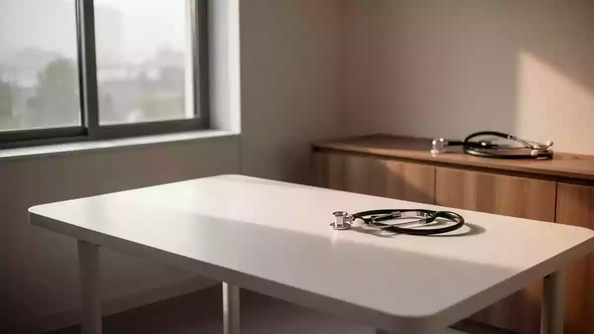 Ein minimalistischer, heller Untersuchungsraum in einer Arztpraxis mit sanftem Tageslicht und einem Stethoskop auf einem Tisch. Illustration mit AI erstellt.