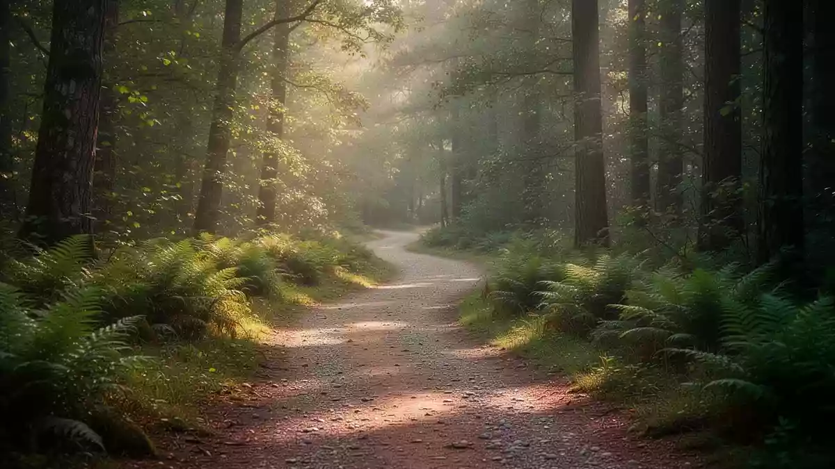 Ein ruhiger Waldpfad, der sich durch grünes Unterholz schlängelt und von weichem Morgenlicht durchflutet wird. Illustration mit AI erstellt.