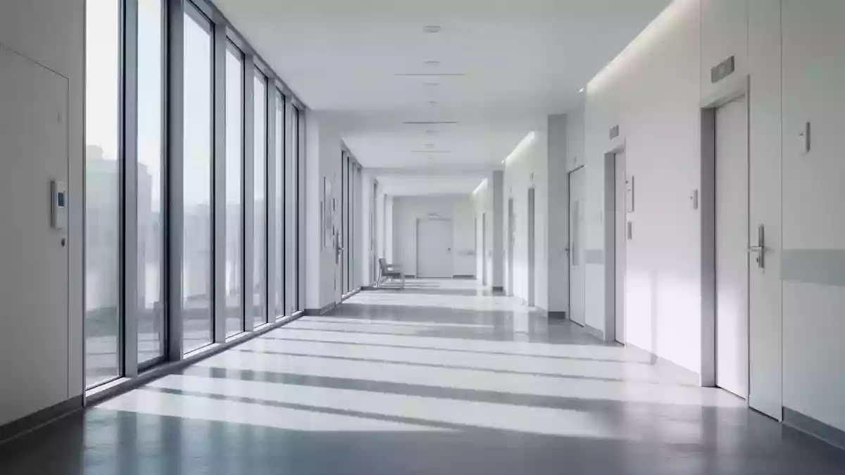 Moderner, heller Flur in einem medizinischen Versorgungszentrum mit klaren architektonischen Linien und natürlichem Lichteinfall. Illustration mit AI erstellt.