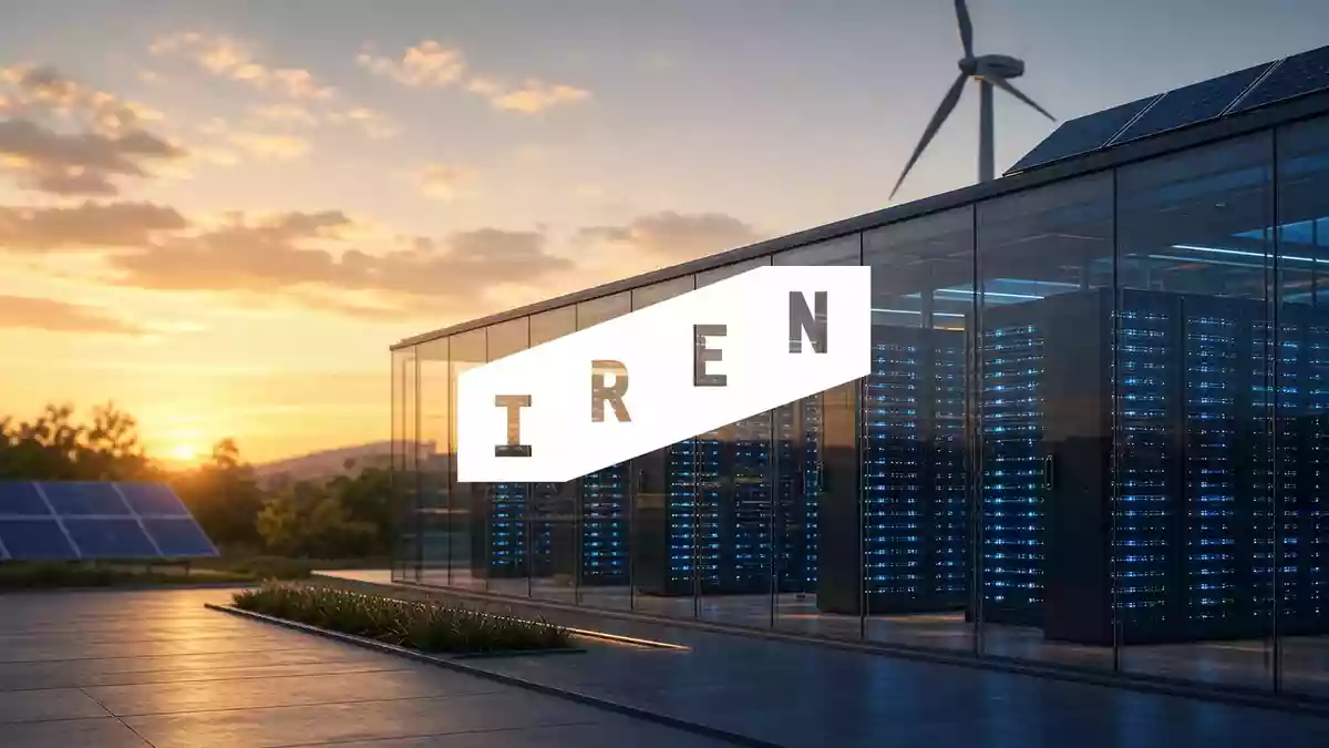 Moderne Rechenzentrumsinfrastruktur mit technologischen Serverracks bei Sonnenuntergang. Illustration mit AI erstellt.