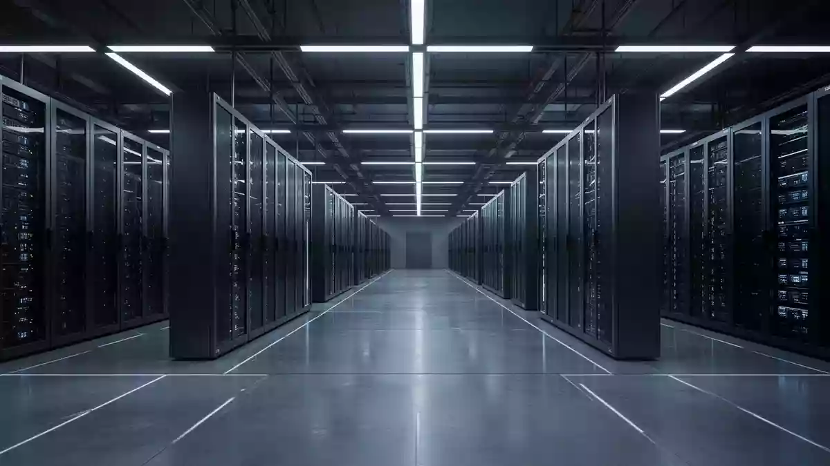 Moderne, weitläufige Rechenzentrumshalle mit dunklen Server-Racks in einer sterilen, industriellen Umgebung. Illustration mit AI erstellt.
