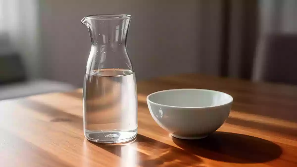 Ein minimalistisches Glasgefäß und eine leere Schale auf einer Holzoberfläche in einem hellen, ruhigen Raum. Illustration mit AI erstellt.