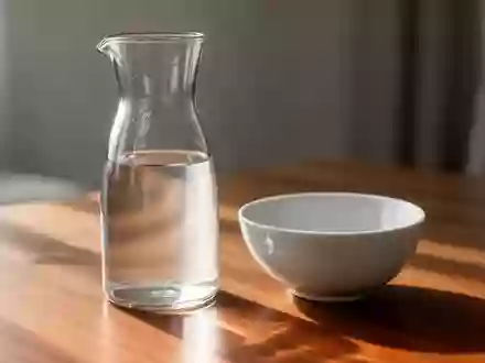 Ein minimalistisches Glasgefäß und eine leere Schale auf einer Holzoberfläche in einem hellen, ruhigen Raum. - Foto: über boerse-global.de