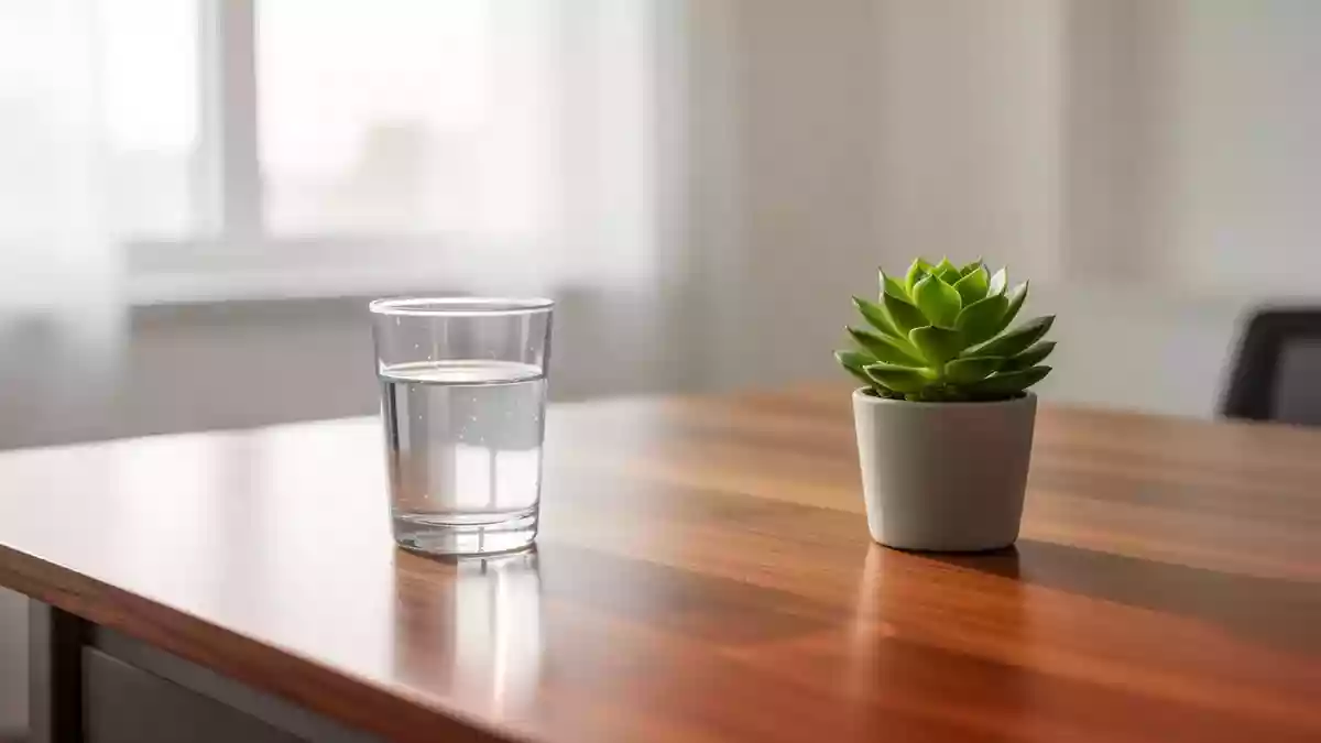 Ein minimalistischer, aufgeräumter Schreibtisch mit einer Pflanze und einem Glas Wasser in hellem Tageslicht. Illustration mit AI erstellt.