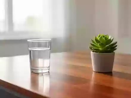 Ein minimalistischer, aufgeräumter Schreibtisch mit einer Pflanze und einem Glas Wasser in hellem Tageslicht. - Foto: über boerse-global.de