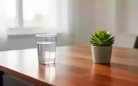 Ein minimalistischer, aufgeräumter Schreibtisch mit einer Pflanze und einem Glas Wasser in hellem Tageslicht. - Foto: über boerse-global.de