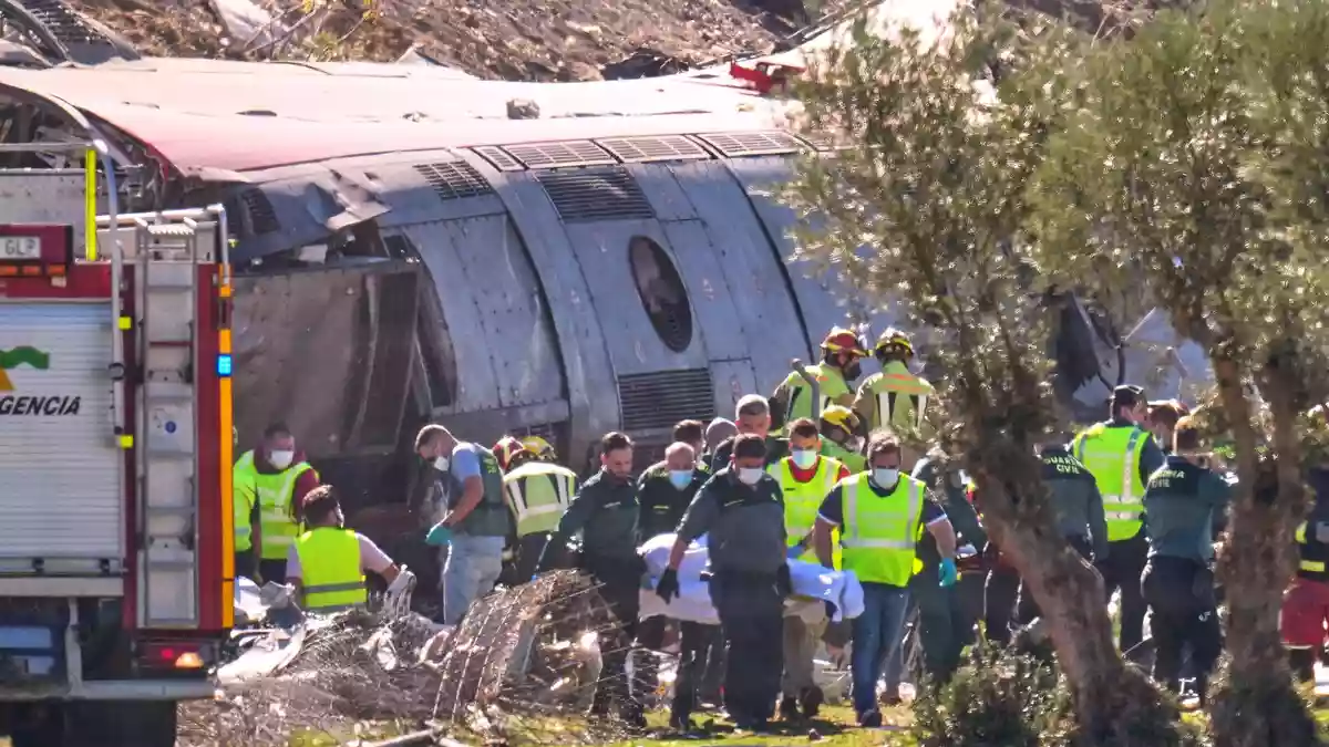 Drei Waggons stürzten einen Bahndamm hinunter. - Bild: Manu Fernandez/AP/dpa