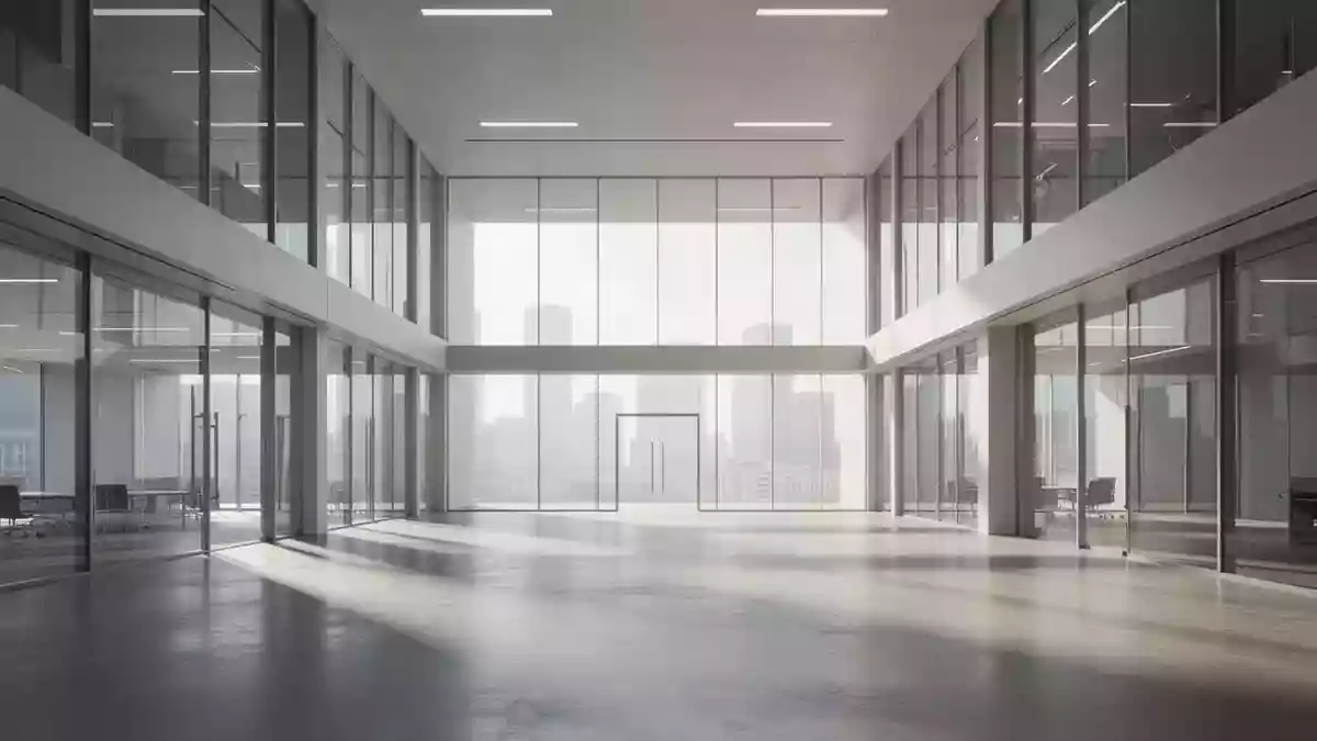 Ein minimalistisches, modernes Bürogebäude mit großen Glasfronten und hellem, natürlichem Tageslicht. Illustration mit AI erstellt.