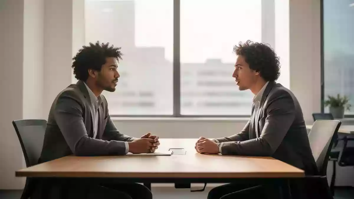 Zwei Mitarbeitende in einem modernen Büro führen ein professionelles Gespräch an einem Schreibtisch. Illustration mit AI erstellt.