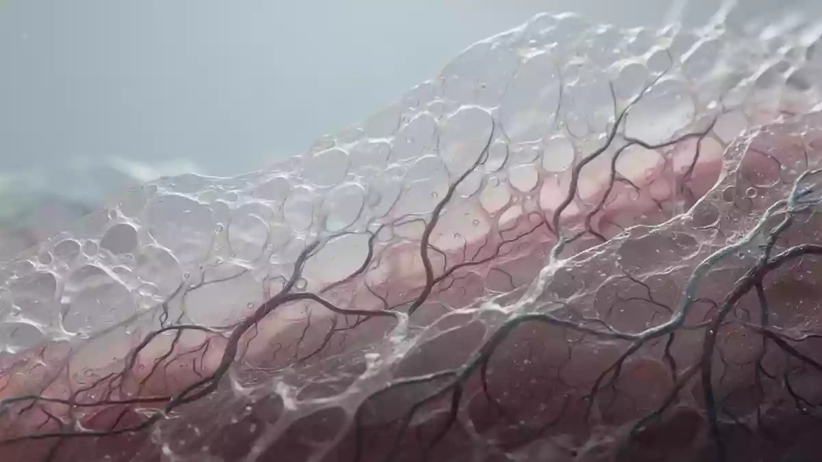 Mikroskopische Aufnahme von biologischem Zellgewebe mit porösen Strukturen und feinen Gefäßnetzwerken. Illustration mit AI erstellt.