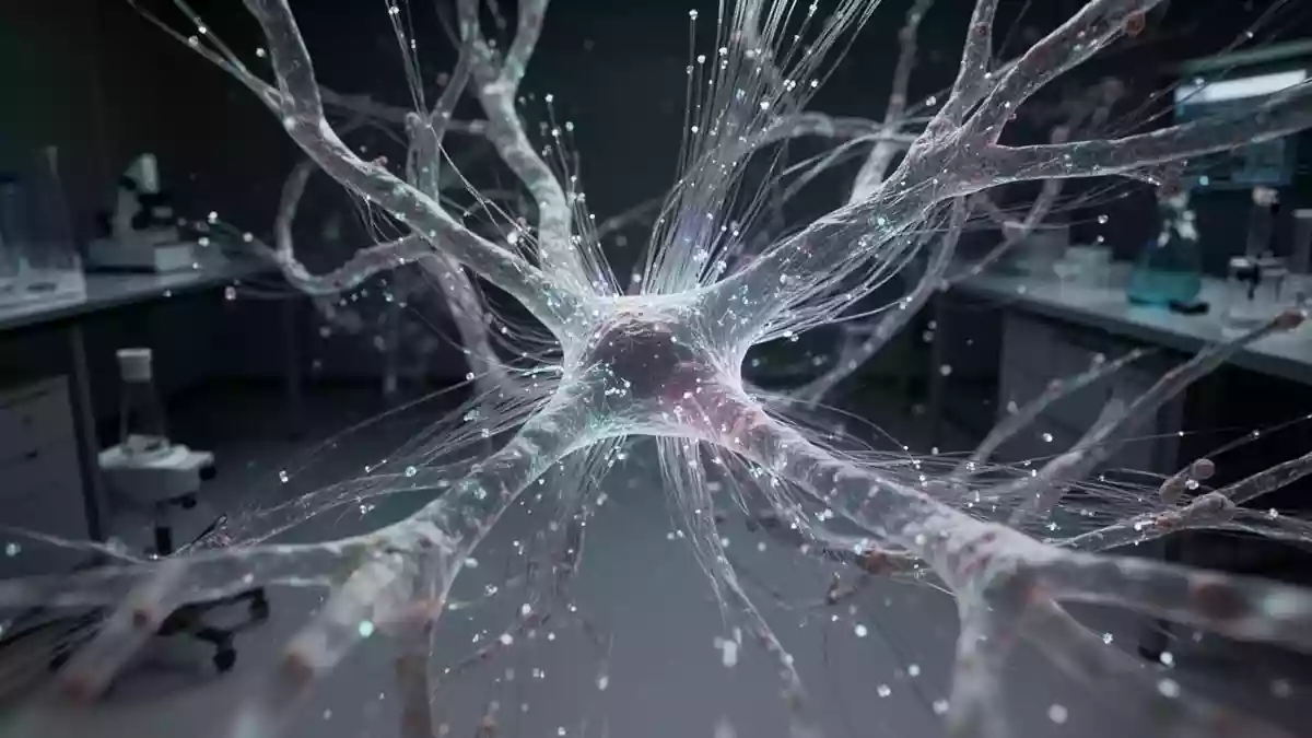 Abstrakte Visualisierung eines neuronalen Netzwerks mit leuchtenden, organisch wirkenden Glasfaserstrukturen in einem Labor. Illustration mit AI erstellt.
