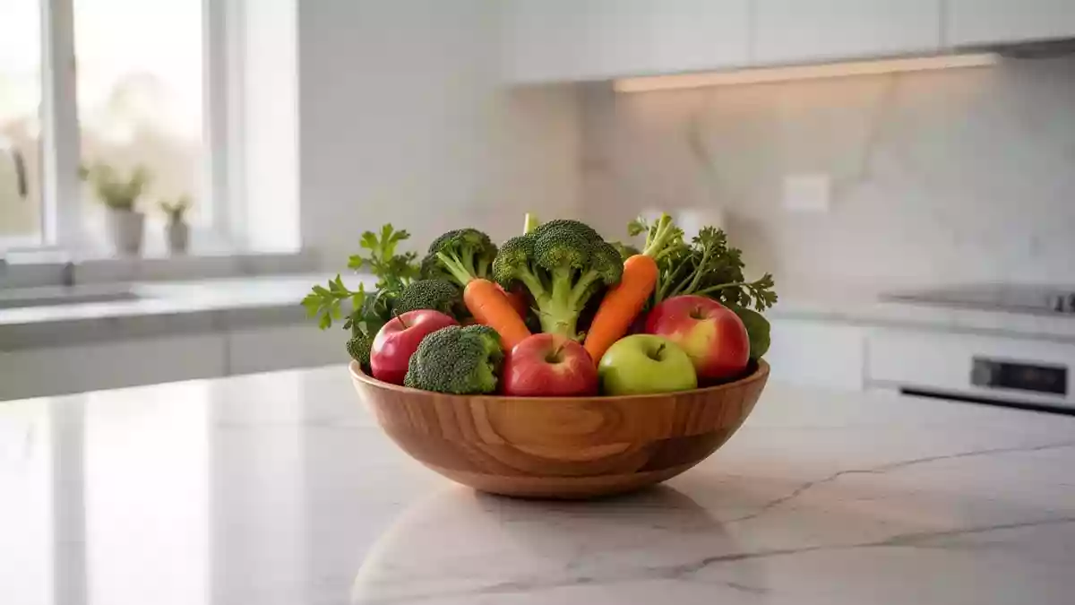 Eine Schale mit frischem Gemüse und Obst auf einer hellen Arbeitsplatte, die eine gesunde Ernährung symbolisiert. Illustration mit AI erstellt.