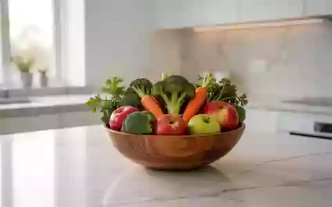 Eine Schale mit frischem Gemüse und Obst auf einer hellen Arbeitsplatte, die eine gesunde Ernährung symbolisiert. - Foto: über boerse-global.de