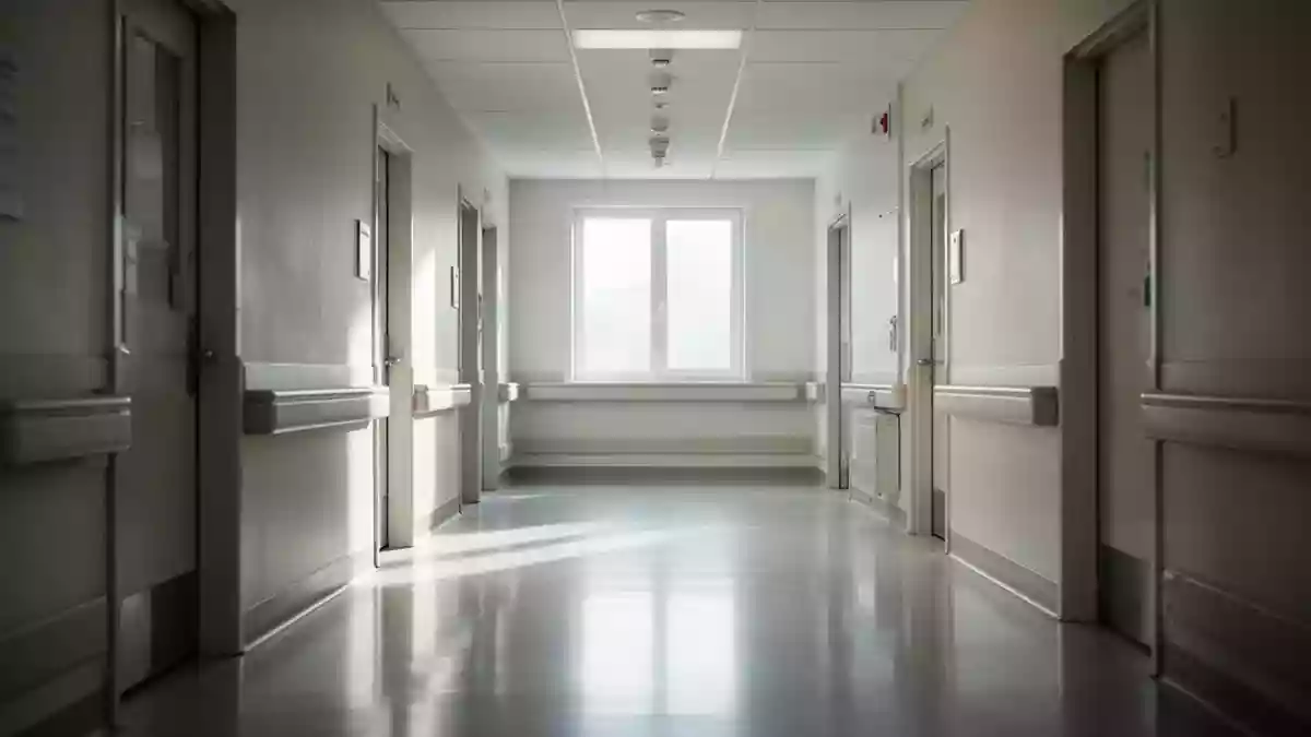 Ein heller, minimalistischer Krankenhausflur mit natürlichem Lichteinfall und reflektierenden Bodenflächen. Illustration mit AI erstellt.