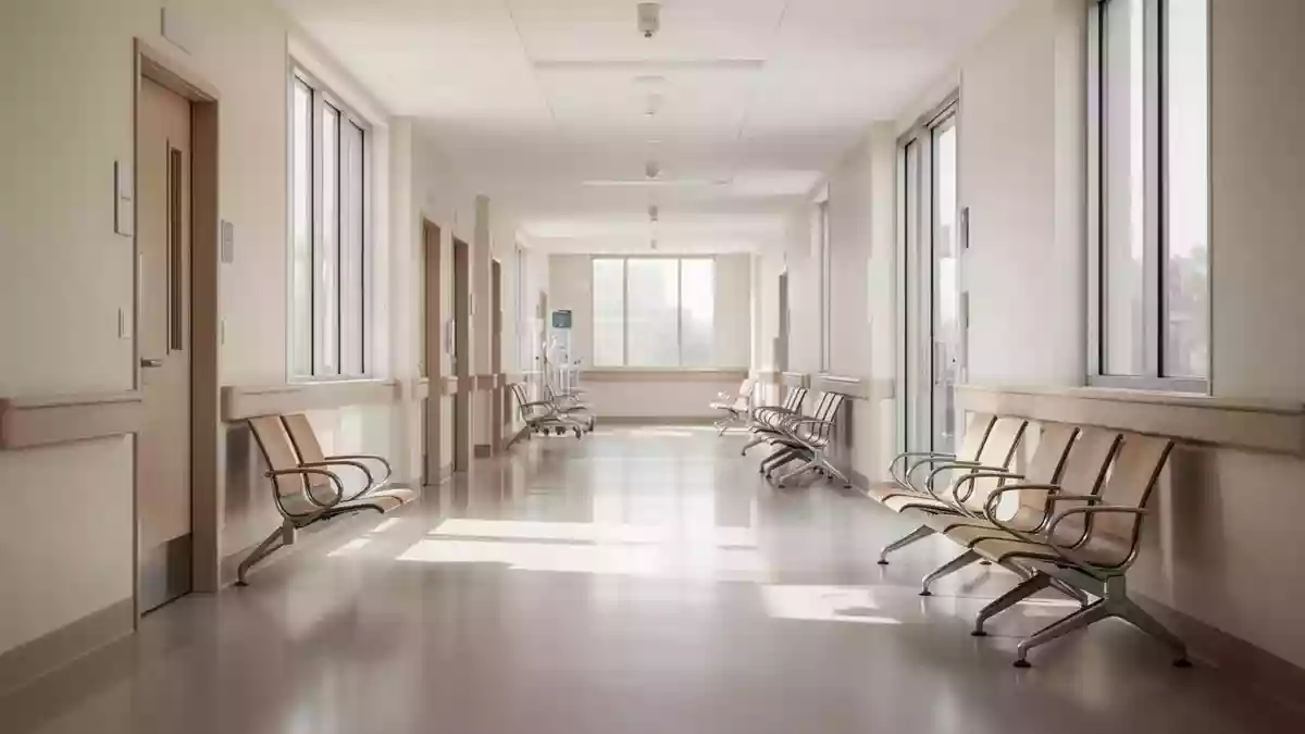 Ein heller, moderner Krankenhausflur mit natürlichem Tageslicht und leeren Sitzgelegenheiten in einer ruhigen, klinischen Umgebung. Illustration mit AI erstellt.