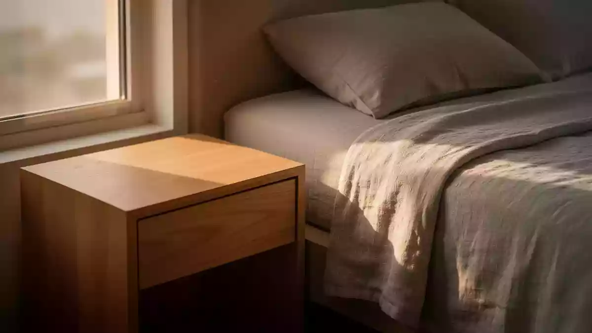 Ein minimalistischer Nachttisch in einem hellen, ruhigen Schlafzimmer bei Sonnenaufgang mit weichem Licht auf dem Bett. Illustration mit AI erstellt.