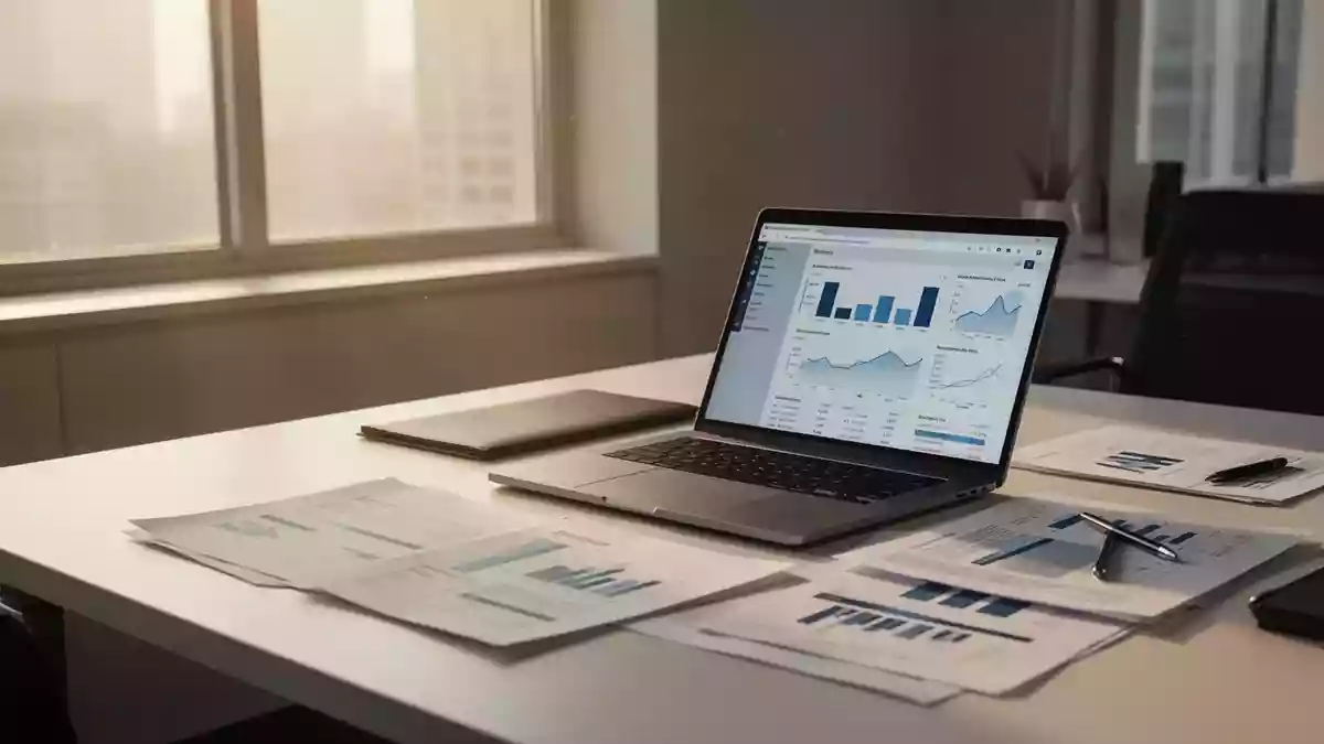 Ein professioneller Schreibtisch mit einem Laptop und Finanzunterlagen in einem hellen Büro. Illustration mit AI erstellt.