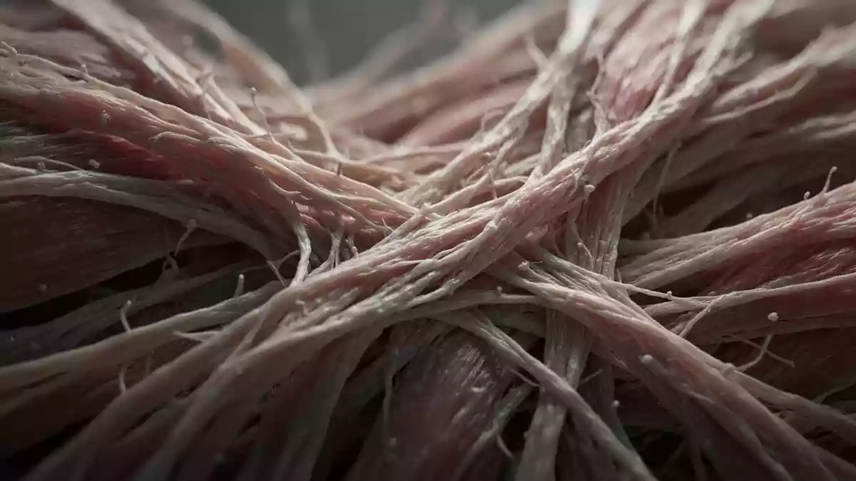 Mikroskopische Aufnahme von Muskelgewebestrukturen unter neutraler Beleuchtung zur Veranschaulichung biologischer Prozesse. Illustration mit AI erstellt.