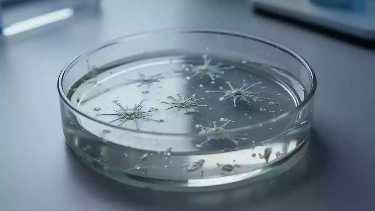 Nahaufnahme einer Laborschale mit Nährlösung und mikroskopischen Zellstrukturen in einer sterilen Laborumgebung. Illustration mit AI erstellt.