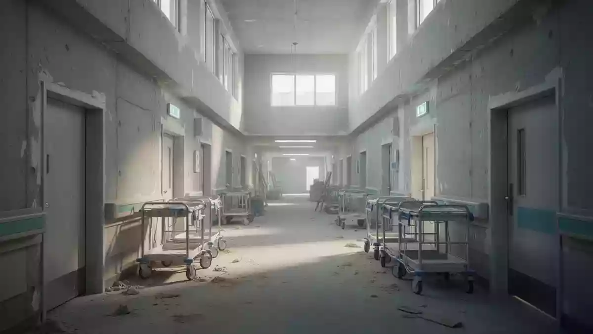Ein leerer, in Umbau befindlicher Flur in einem Krankenhaus mit freiliegenden Betonwänden und einfallendem Tageslicht. Illustration mit AI erstellt.