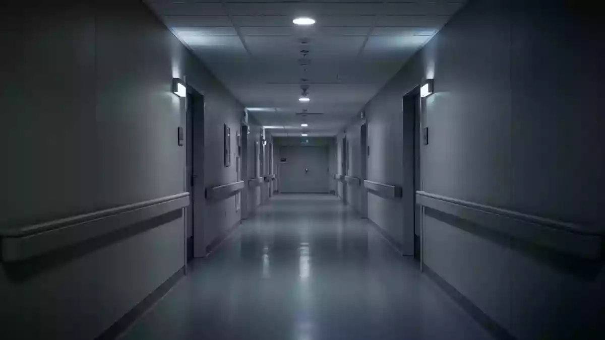 Ein leerer, klinisch sauberer Krankenhausflur bei gedimmter Beleuchtung, der eine ruhige und sterile Atmosphäre vermittelt. Illustration mit AI erstellt.