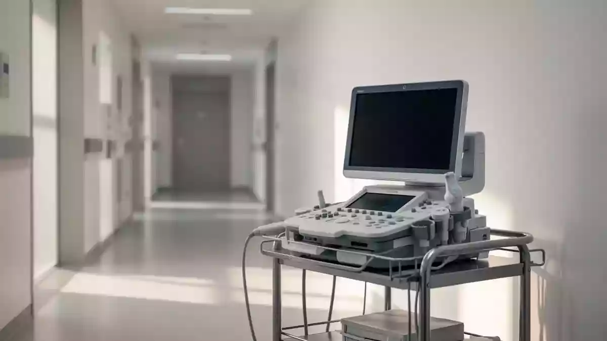 Ein heller, minimalistischer Behandlungsraum in einer Klinik mit medizinischem Gerät und sanftem Tageslicht. Illustration mit AI erstellt.