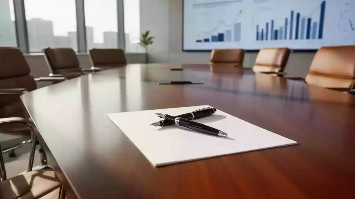 Ein moderner Konferenztisch mit einem Notizblock und einem Füller in einem hellen Büro. Illustration mit AI erstellt.