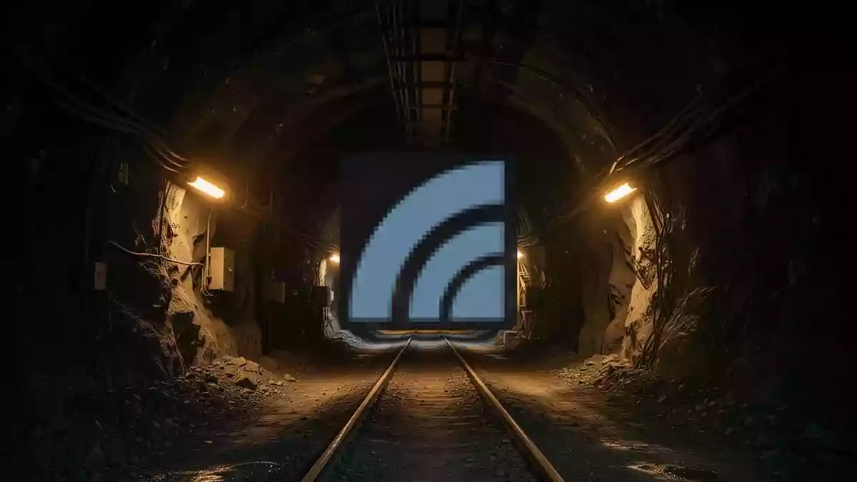 Dunkler, industrieller Bergbautunnel mit stimmungsvoller Beleuchtung als Symbol für wirtschaftliche Unsicherheit. Illustration mit AI erstellt.
