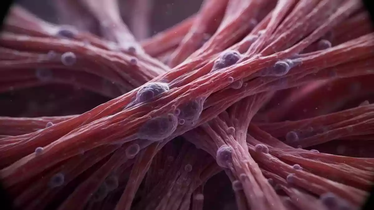 Nahaufnahme von biologischen Muskelfasern unter einem Mikroskop, die zelluläre Strukturen in Rot- und Violetttönen zeigen. Illustration mit AI erstellt.