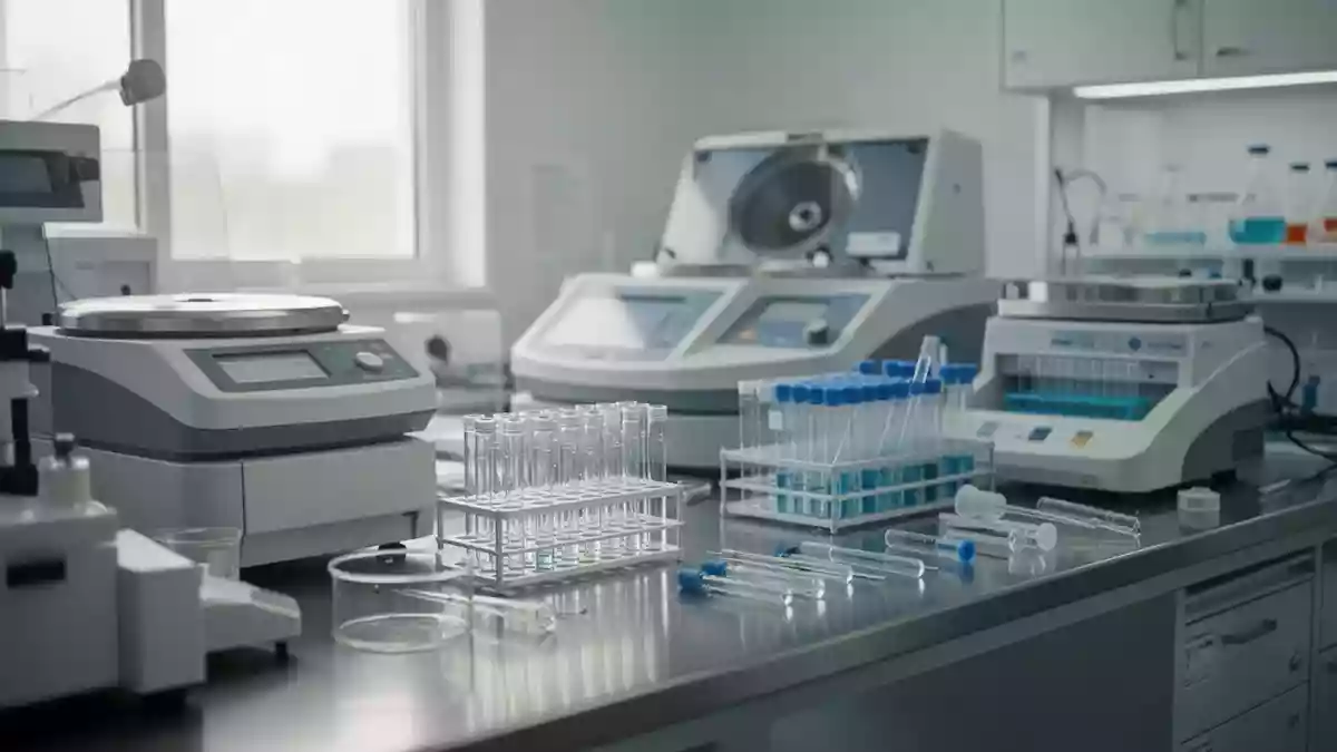 Moderne medizinische Laborausstattung mit Zentrifugen und Teströhrchen auf einem sterilen Arbeitstisch. Illustration mit AI erstellt.