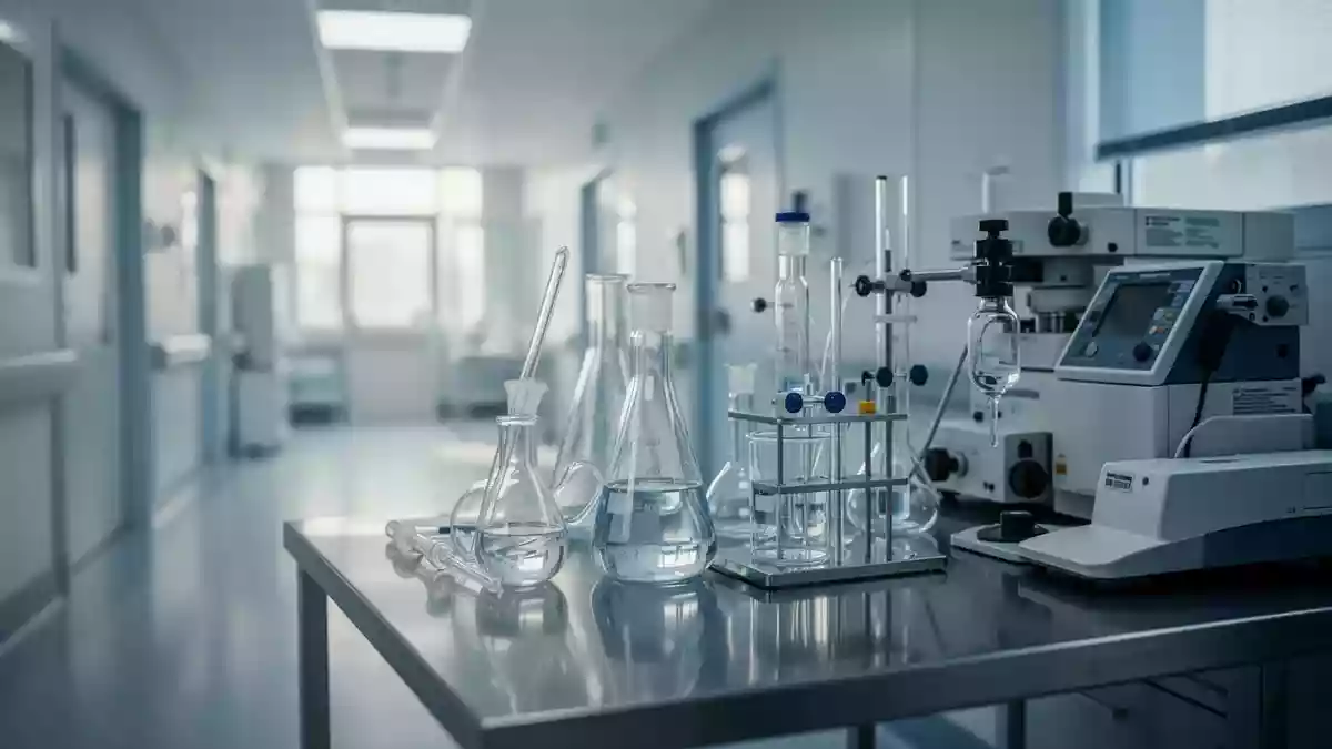 Ein klinisches Labor mit medizinischen Analysegeräten und Glasbehältern in einer sterilen, hellen Umgebung. Illustration mit AI erstellt.
