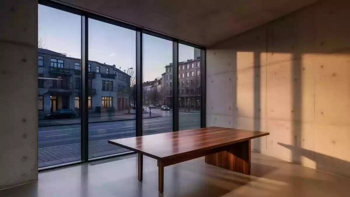 Ein minimalistisches, modernes Büro mit großen Fenstern und Blick auf eine ruhige Straße in der Abenddämmerung. Illustration mit AI erstellt.