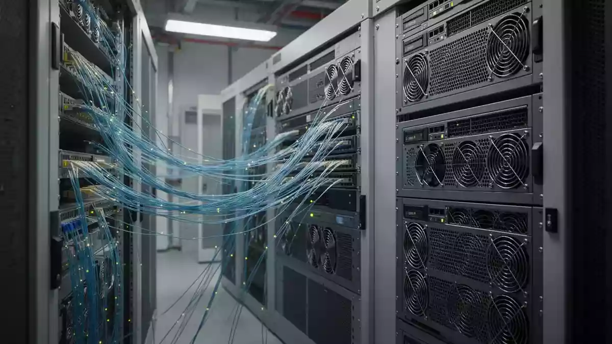 Moderne Glasfaser- und Serverinfrastruktur in einem technologisch fortschrittlichen industriellen Umfeld. Illustration mit AI erstellt.