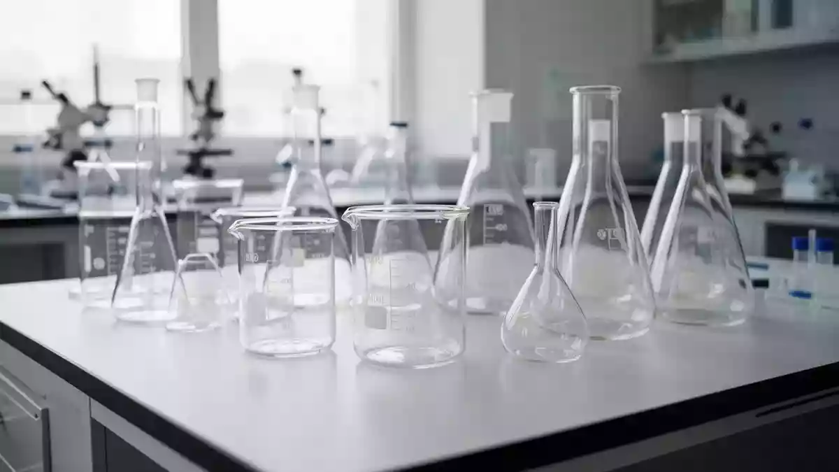 Leeres, sauberes Laborglas auf einer weißen Laborbank in einer klinischen Umgebung. Illustration mit AI erstellt.